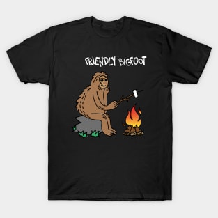 Friendly Bigfoot Grilling Marshmallows At A Campfire (White) T-Shirt